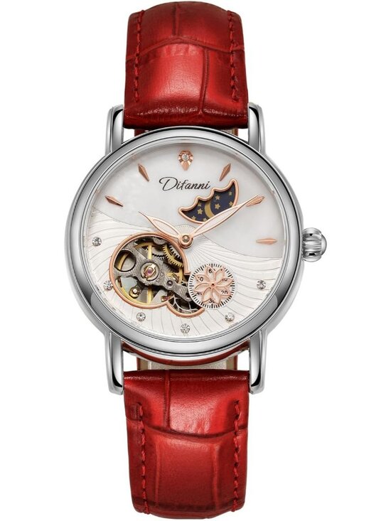 Women\'s Red Silver Elegant Leather Strap Waterproof Moon phase Date Wrist Watch main image 6